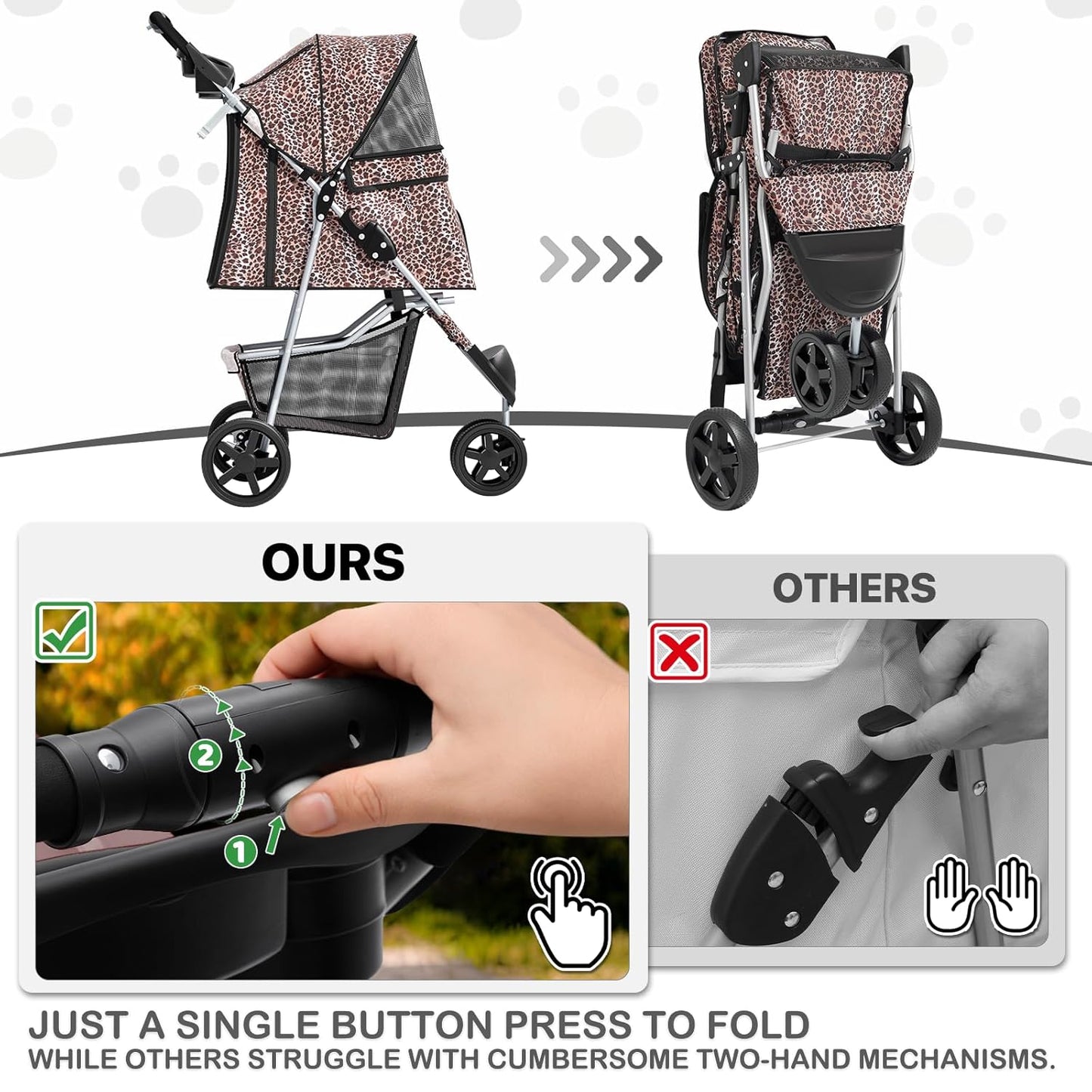 MoNiBloom 3 Wheels Pet Dog Cat Stroller for Small Medium Dogs Cats, Lightweight Foldable Jogger Stroller w/Storage Basket & Cup Holder, Leopard Print