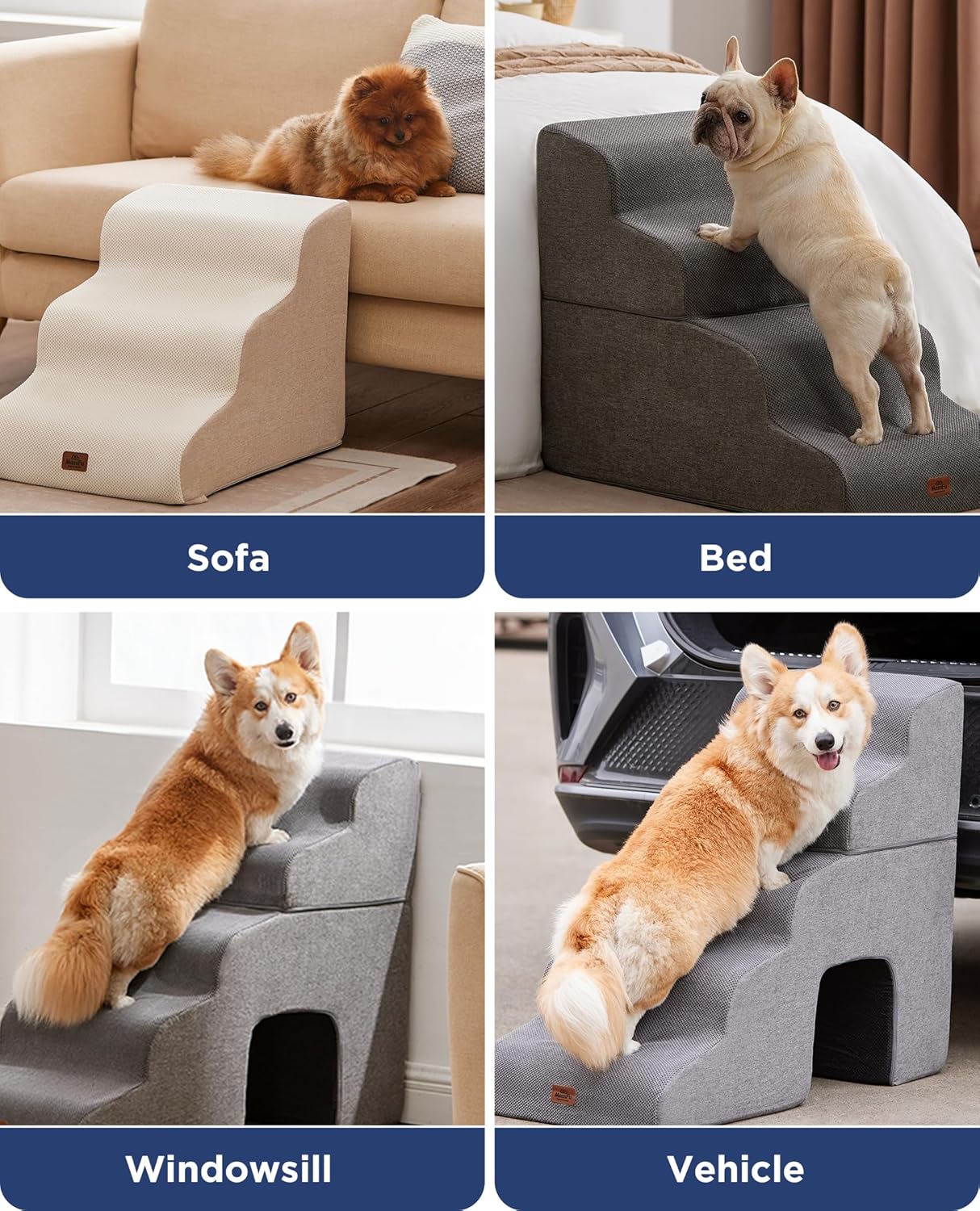 Beige Curved Dog Stairs Ramp for Small Dogs & Cats 22.8" H, 4-Step Dog Steps for Couch Sofa and Chair, Pet Stairs for Cats, Non-Slip Balanced Pet Steps