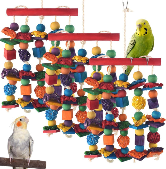 Bird Toys, 3PCS Parrot Foraging Hanging Toy, Multicolored Natural Wooden Blocks Parakeet Chewing Toys mit Rattan Wicker Balls, for Medium Small Cockatoos Budgie Lovebird Cockatiel Conure