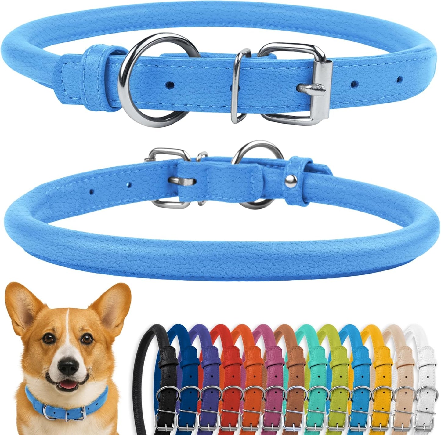 CollarDirect Rolled Leather Dog Collar, Soft Padded Round Puppy Collar, Handmade Genuine Leather Collar Dog Small Large Cat Collars 13 Colors (13-16 Inch, Light Blue Textured)