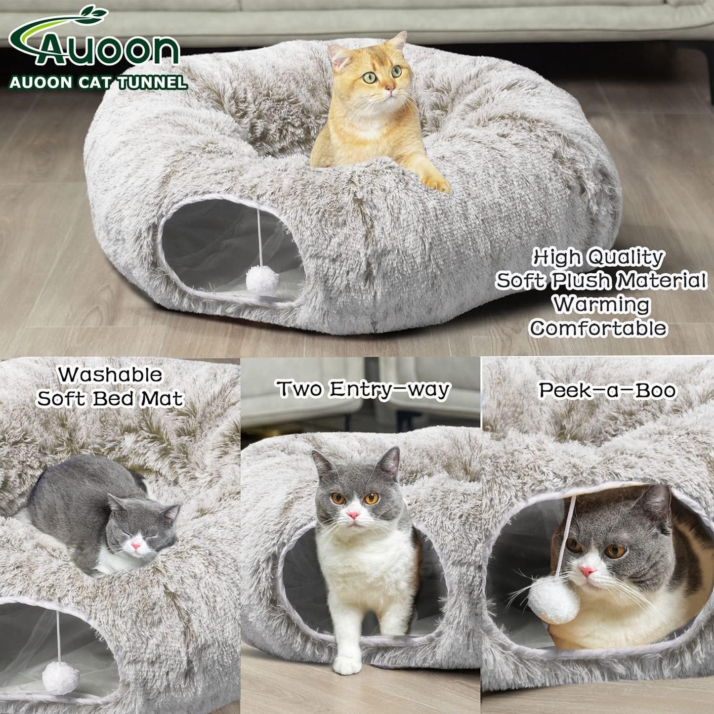 AUOON Cat Tunnel Bed - Cat Donut Tunnel with Soft Plush Circle Cushion for Indoor Cats Kitten Kitty Puppy Rabbit Ferret (Khaki)