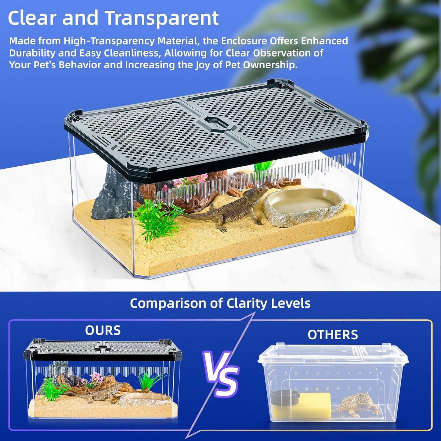 High-Transparency Reptile & Insect Enclosure Terrarium with Magnetic Door, Excellent Ventilation, Easy Cleaning, and Strong, Long-Lasting Build for Gecko, Tarantula, Hermit Crab (9.3x6.2x4.6 Inch)
