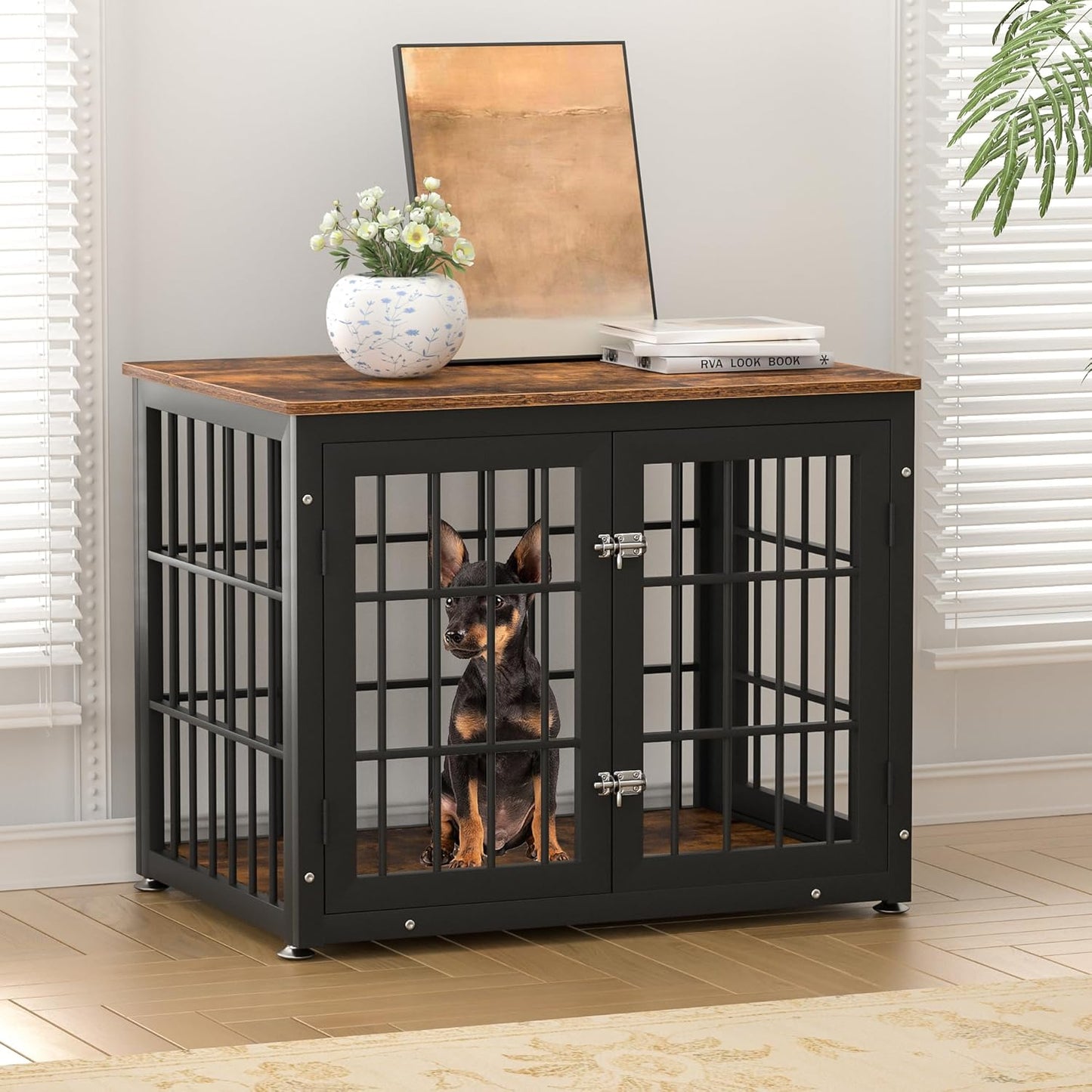 32 Inch Heavy Duty Dog Crate Furniture for Medium and Small Dogs, Decorative Pet House End Table, Wooden Cage Kennel Furniture Indoor, Rustic Brown