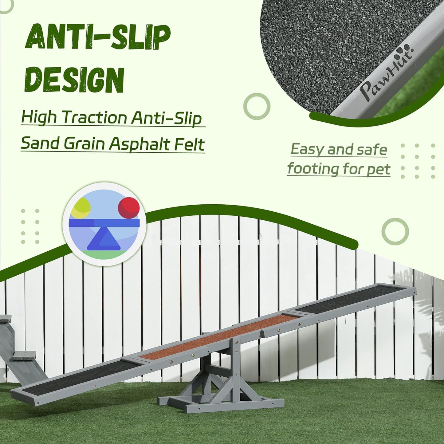 PawHut Wooden Dog Agility Seesaw for Training and Exercise, Platform Equipment Run Game Toy, Weather Resistant Pet Supplies, 71" L x 12" W x 12" H, Gray