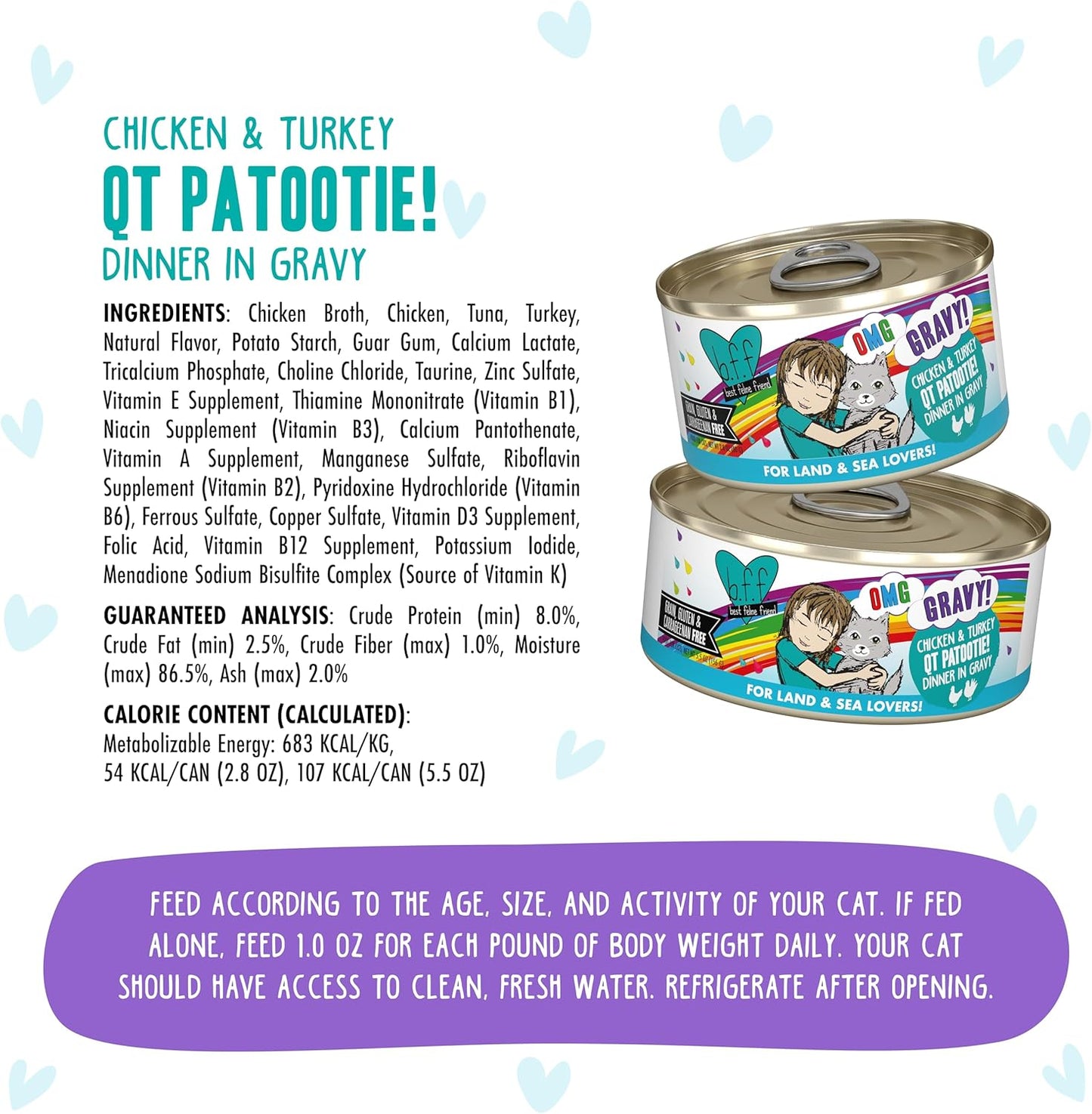 Weruva B.F.F. OMG - Best Feline Friend Oh My Gravy!, QT Patootie! with Chicken & Turkey in Gravy Cat Food, 5.5oz Can (Pack of 8)