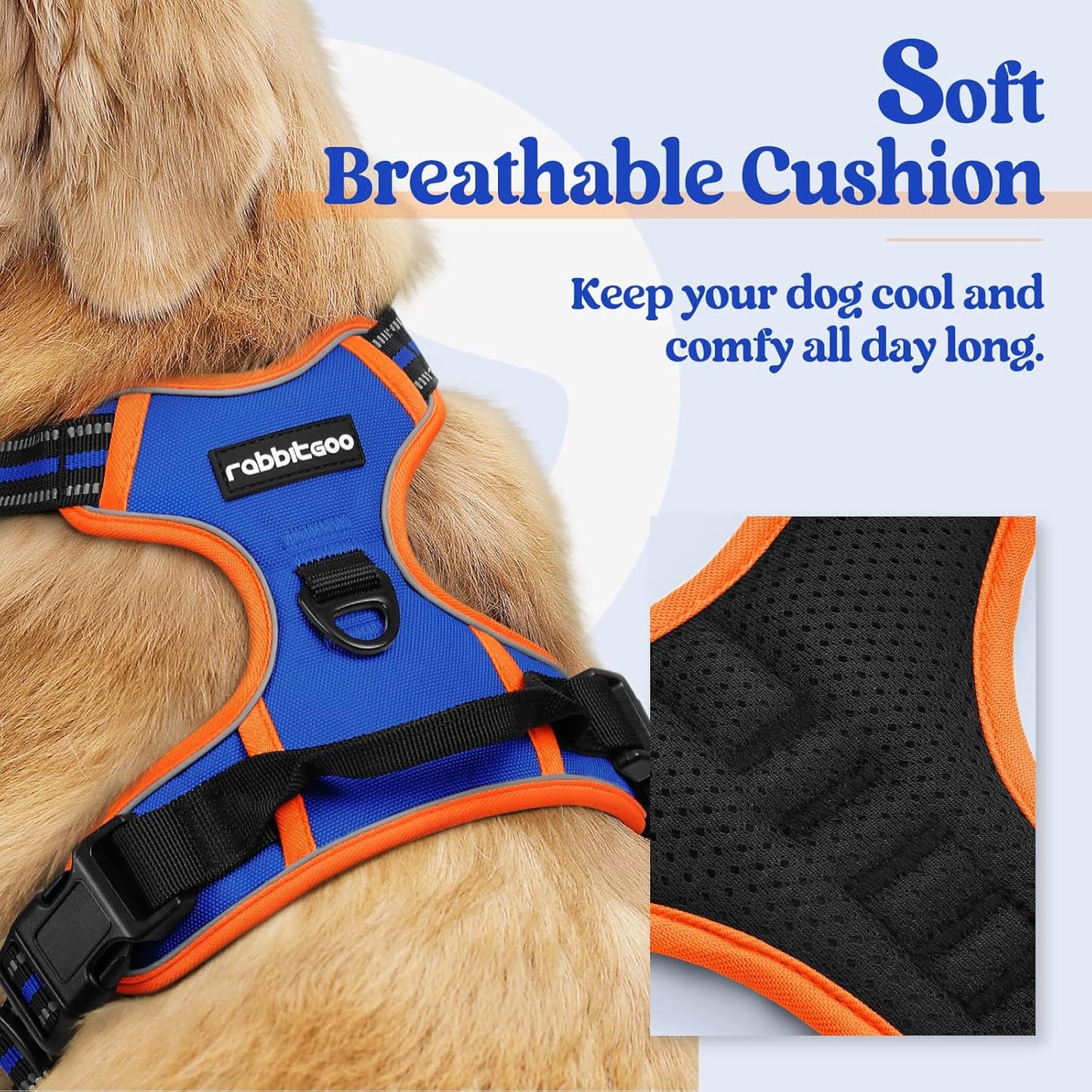 rabbitgoo Dog Harness No Pull with 2 Leash Clips, Adjustable Soft Padded, Reflective Oxford No Choke Pet Vest with Easy Control Handle for Large Dogs, Blue & Orange, L