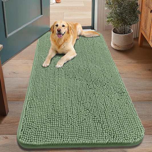 Smiry Dog Door Mat for Muddy Paws 48x30, Absorbs Moisture and Dirt Doormat, Non-Slip Washable Quick Dry Chenille Front Door Mat Indoor Entrance, Entryway Carpet for Inside Floor, Olive Green