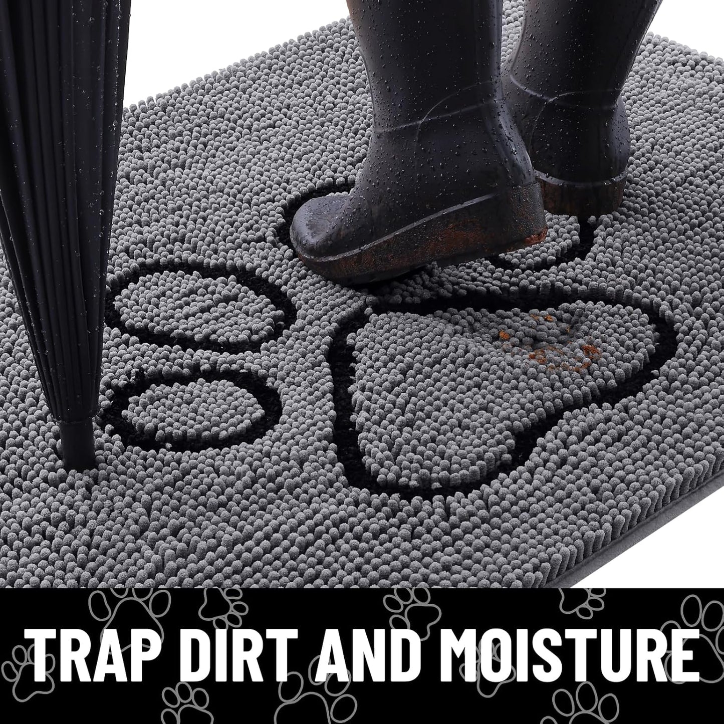 Smiry Dog Door Mat for Muddy Paws, Absorbent Dirt Trapper Non Slip Quick Dry Washable Chenille Mat for Mud Dogs, Entry Rug for Indoor and Outdoor (30x20 Inches, Dark Grey and Black)