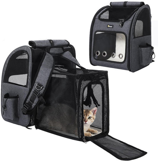 Hoopet Expandable Cat Backpack Carrier – Breathable Pet Carrier for Small Cats & Dogs, Foldable Travel Backpack with Mesh Ventilation for Hiking, Walking, Camping, Dark Grey