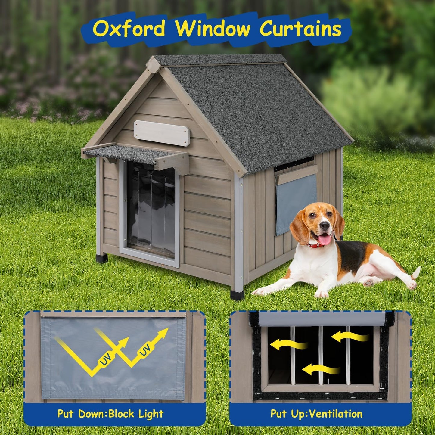 Outdoor Dog House Waterproof for Medium Small Dogs with Anti-Chewing Iron Frame, Adjustable Vent Window, Indoor & Outdoor Doghouse Kennel Puppy Shelter, Easy Clean and Assemble (26" L*31.9" W*32" H)