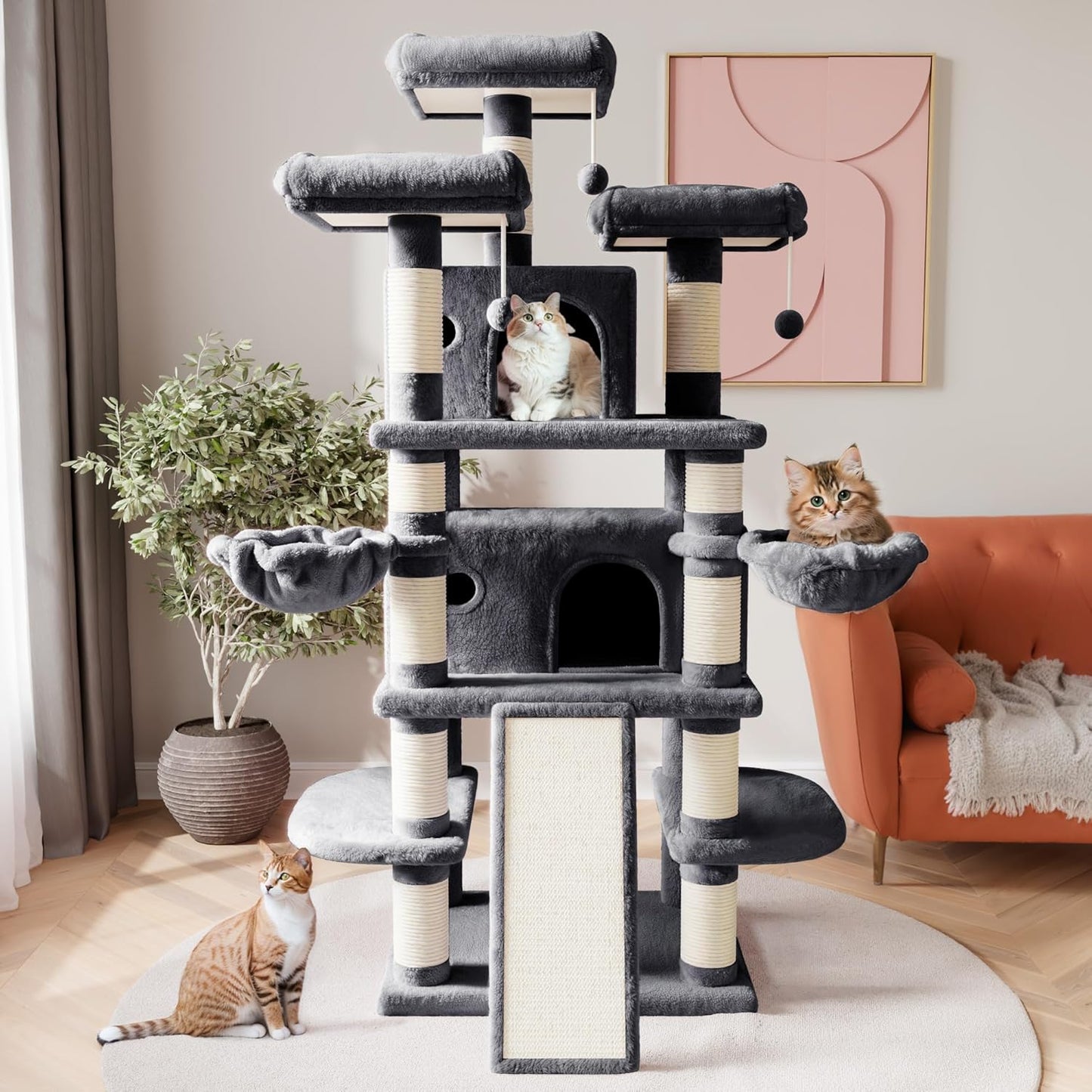 SHA CERLIN 68 Inches Multi-Level Large Cat Tree for Large Kitties/Big Cat Tower with Condo/Cozy Plush ‌Pussycat Perches/Sisal Scratching Posts and Hammocks/Activity Center/Dark Grey