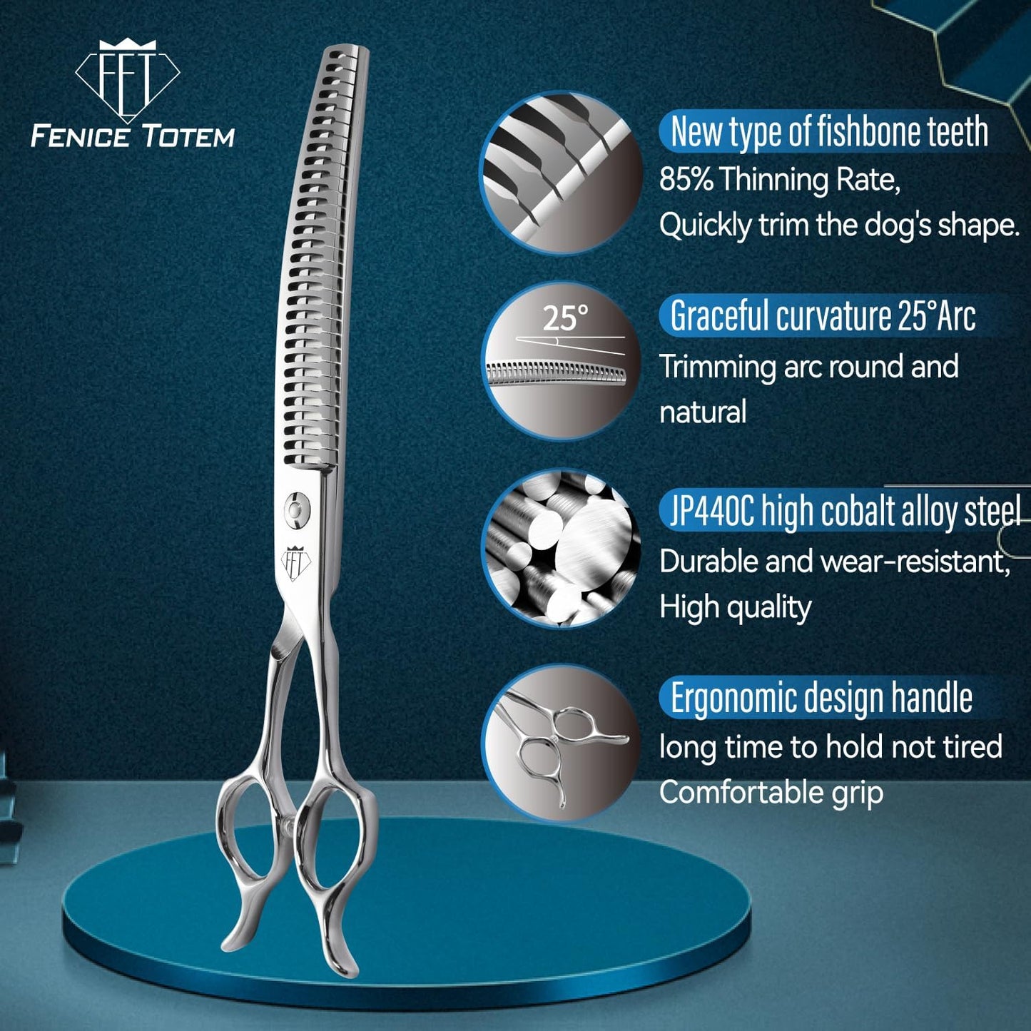 Professional Dog Grooming Scissors, 85% Thinning Rate, 25° Curved Blade, JP440C Steel, 7.0" Ergonomic Handle