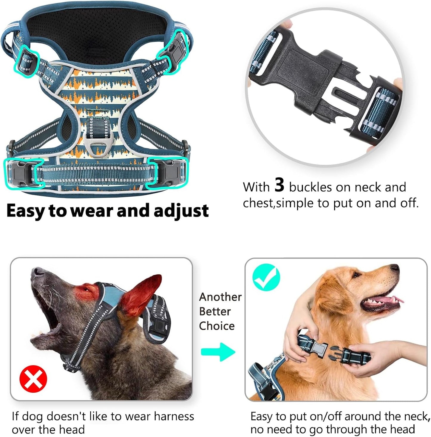 Timos Dog Harness, NO Need Go Over Dogs Head 3 Snap Buckles with 2 Leash Clips, Adjustable Soft Padded No-Pull Dog Harness, Reflective No-Choke Pet Oxford Vest for Small Medium Large Dogs