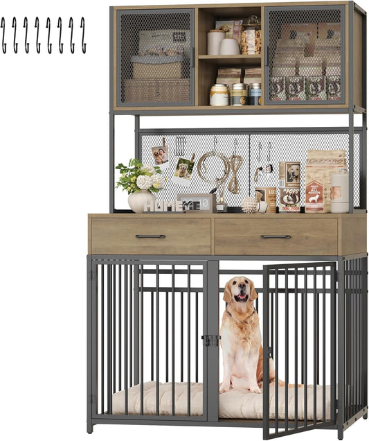 HITHOS 71" Tall Dog Crate Furniture, Indoor Dog Kennel with Hutch, 42" W Dog Cage for Large/Medium Dogs, Wood Dog Crates with 2 Storage Drawers, Heavy Duty Pet House, Rustic Brown