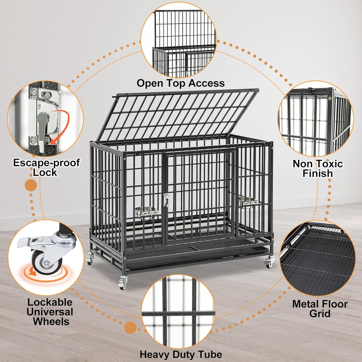 Homey Pet Three Levels 37 Inch Dog Crate, Escape Proof Dog Cage Kennel Indoor with Top Access and Lockable Wheels, Removable Tray, Heavy Duty Dog Crates for Medium/Small Dogs