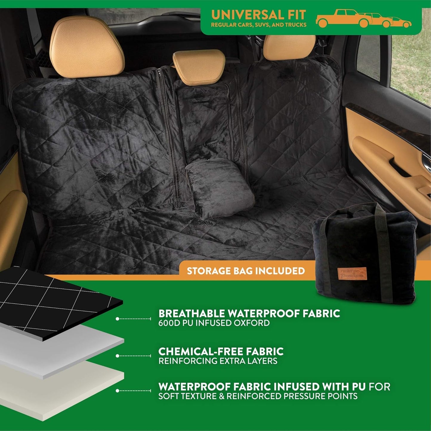 Plush Paws Products Velvet Convertible Rear Seat Cover | Durable Diamond Stitching | Washable & Waterproof Back Seat Cover | Car, Truck & SUV | Nonslip, Tear Resistant Protection | X-Large Charcoal