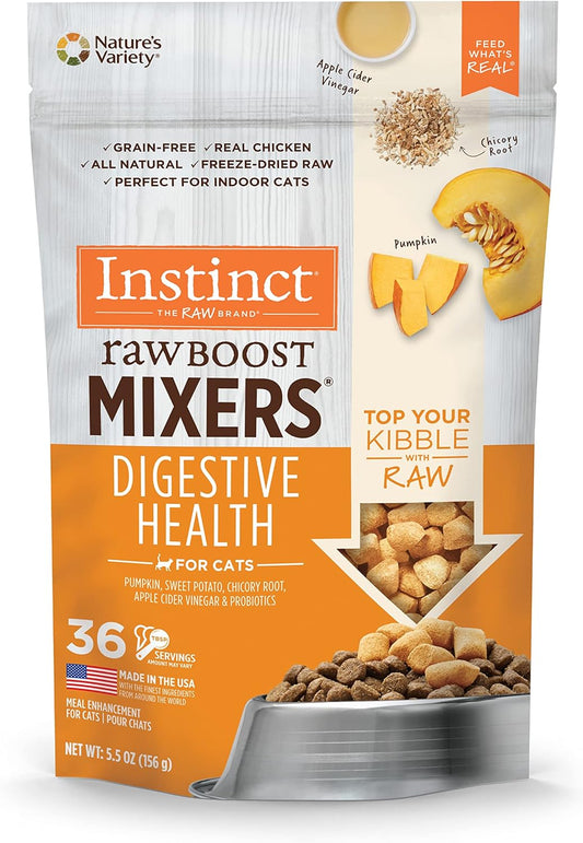 Instinct Raw Boost Mixers, Freeze Dried Cat Food Toppers with Functional Ingredients, Grain Free, Real Chicken - Digestive Health, 5.5 oz Bag