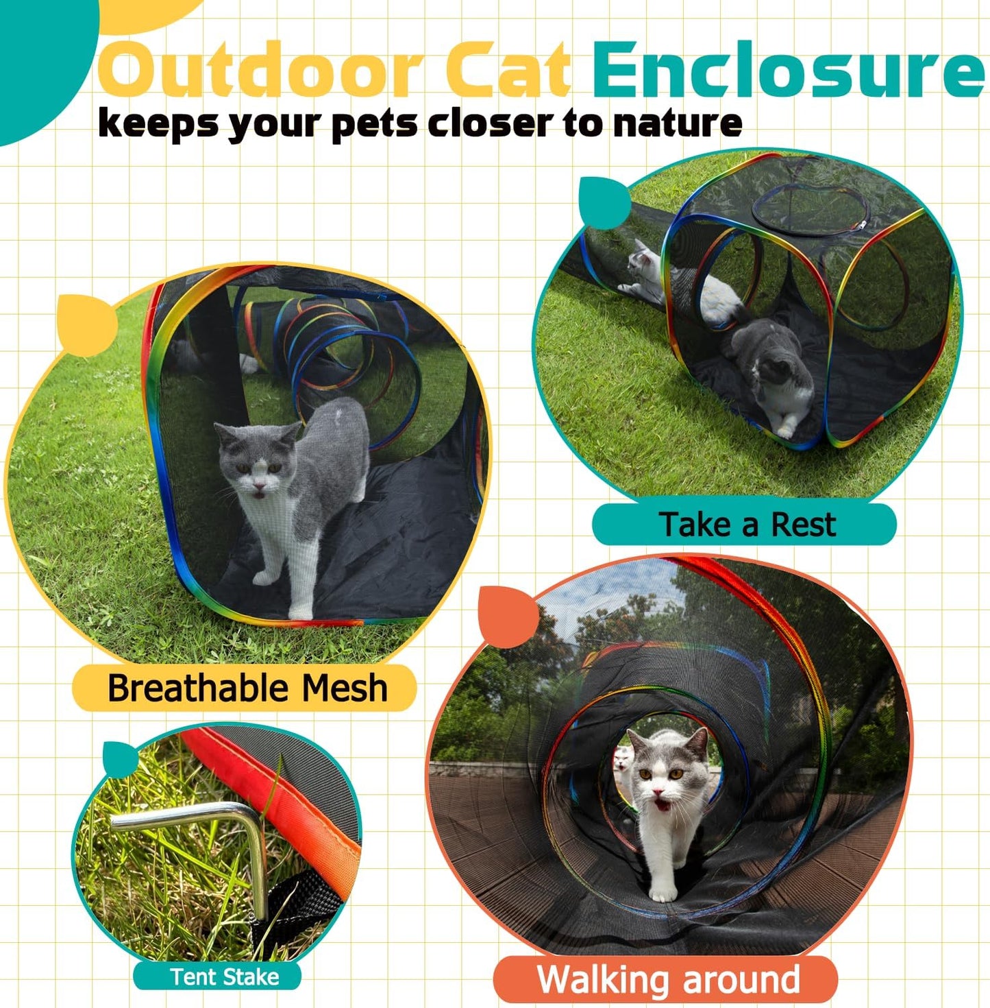 LUCKITTY Outdoor Rainbow Cat Enclosures Playground,Outside House for Indoor Cats Include Portable Tent, 2 Way with 2 Cube Tunnel, for Kitty and Small Animals,Within Storage Bag