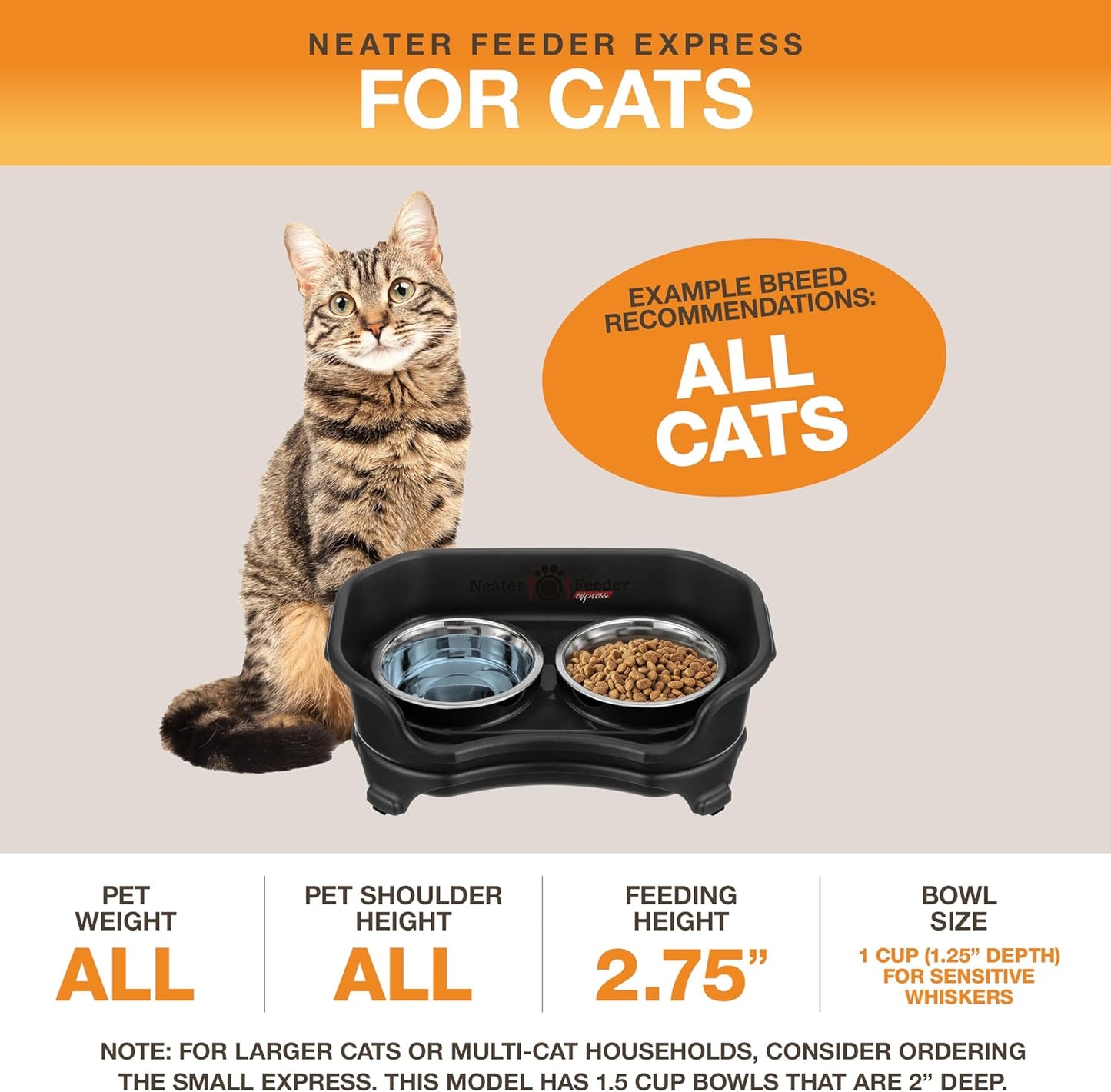 Neater Feeder Express Mess Proof Cat Bowls Elevated, No Spill Feeding Station, Stainless Steel Dishes for Food and Water, Raised Bowls for Indoor Cats, No Fatigue Whisker Friendly Dish, Black