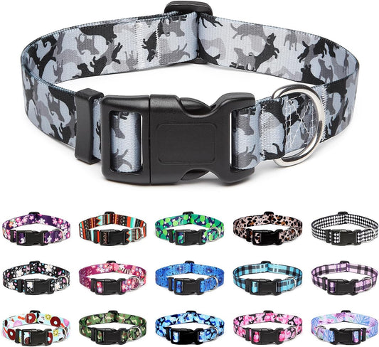 Mercano Adjustable Dog Collar - Special Design Patterns, Soft Nylon Comfortable Durable Pet Collar for Small Medium Large Dogs (XS, Dog Camouflage Grey)