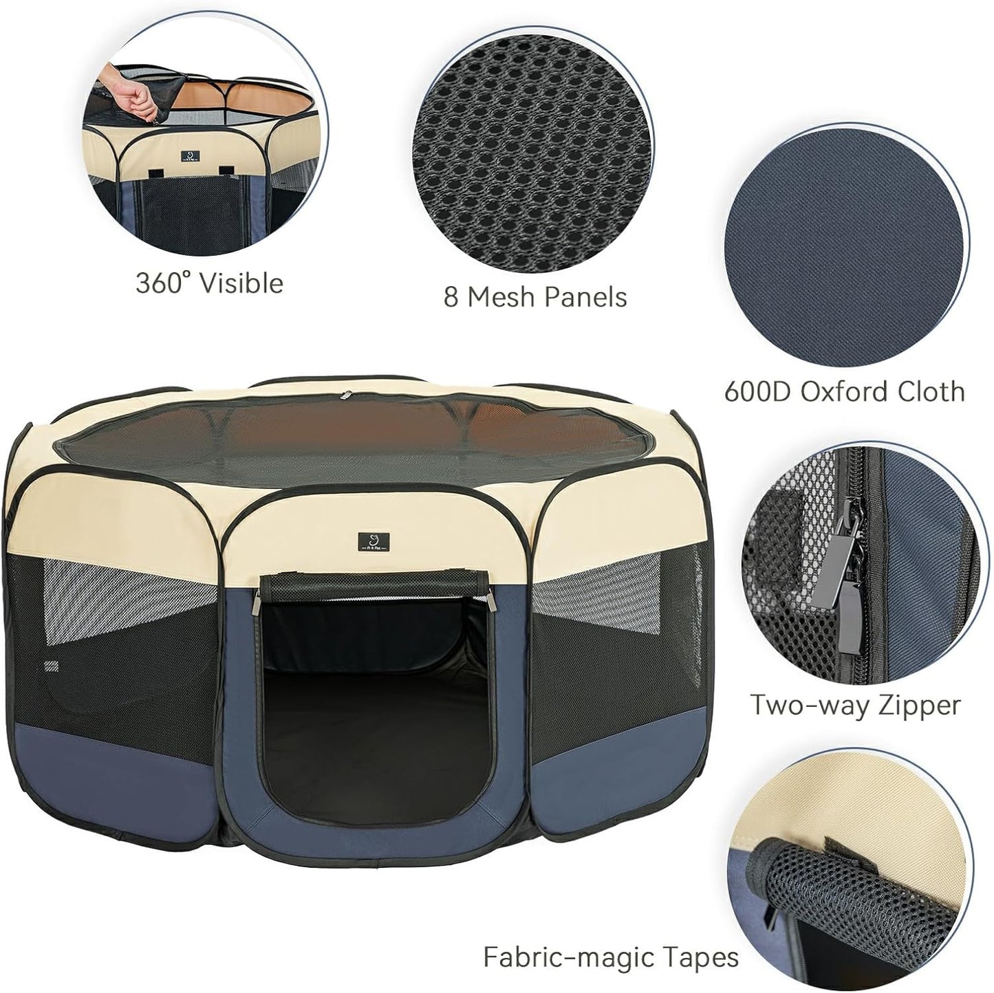 A 4 Pet Portable Dog Playpen, 49” Playpen for Dogs with Bowl, Suitable for Puppies, Kittens, and Small Animals, Removable Zipper & Mesh Panel(19”W × 12”H)