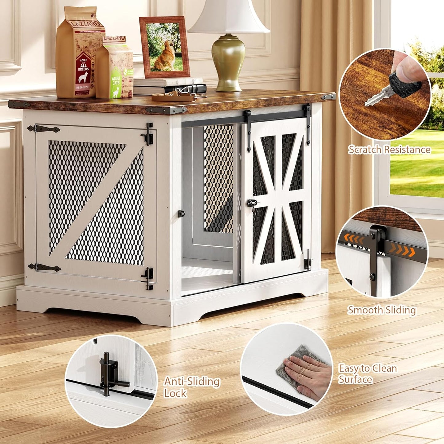 VOPEAK 43.3" XL Dog Crate Furniture, Chew Resistant Dog Crate for Medium Large Dogs, Heavy Duty Extra Large Dog Crate Dog Kennel Indoor with Double Doors, Wooden End Table for Living Room, White