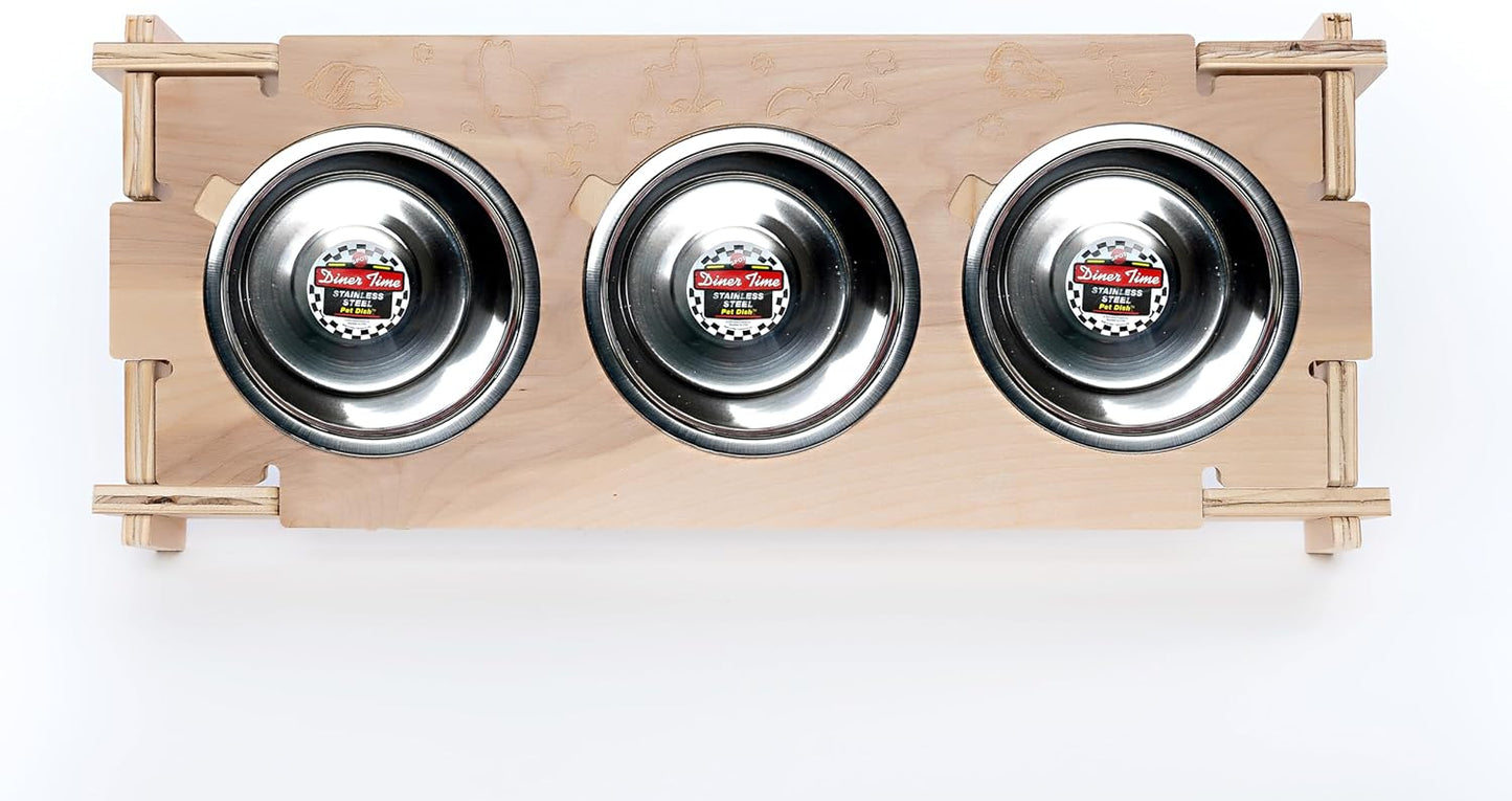 Small Pet Select - Raised Bowl Holder with Three Feeding Bowls for Rabbits, Cats, Dogs, and Other Small Animals