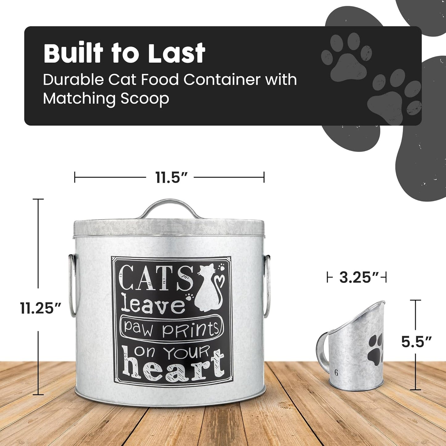 Silver 20lb Cat Food Storage with Scoop | Pet Container for food that can fit in the pantry | Modern Beautiful Cat Pet Food Storage Container