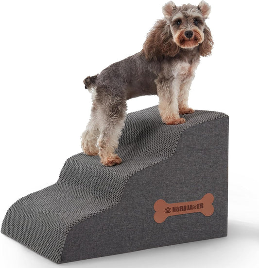 Dog Stairs 3-Step for Small Dogs and Cats to Get on Bed and Furniture/Windows, Pets Can Climb, Sit, or Perch to Look Out Windows, Extra Wide Dog Steps, Non-Slip Waterproof Fabric Cover, Grey（15.7" H）