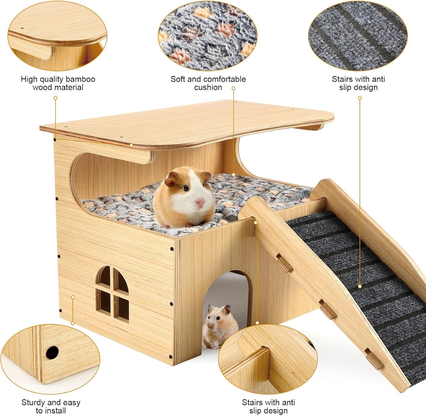 Wooden Guinea Pig Castle Hideout,Enlarged Guinea Pig Castle,Wooden Hamster House with Stairs & Mat,Long-Lasting Small Pet Bed for Piggies Chinchilla Rat Hamster Bunny