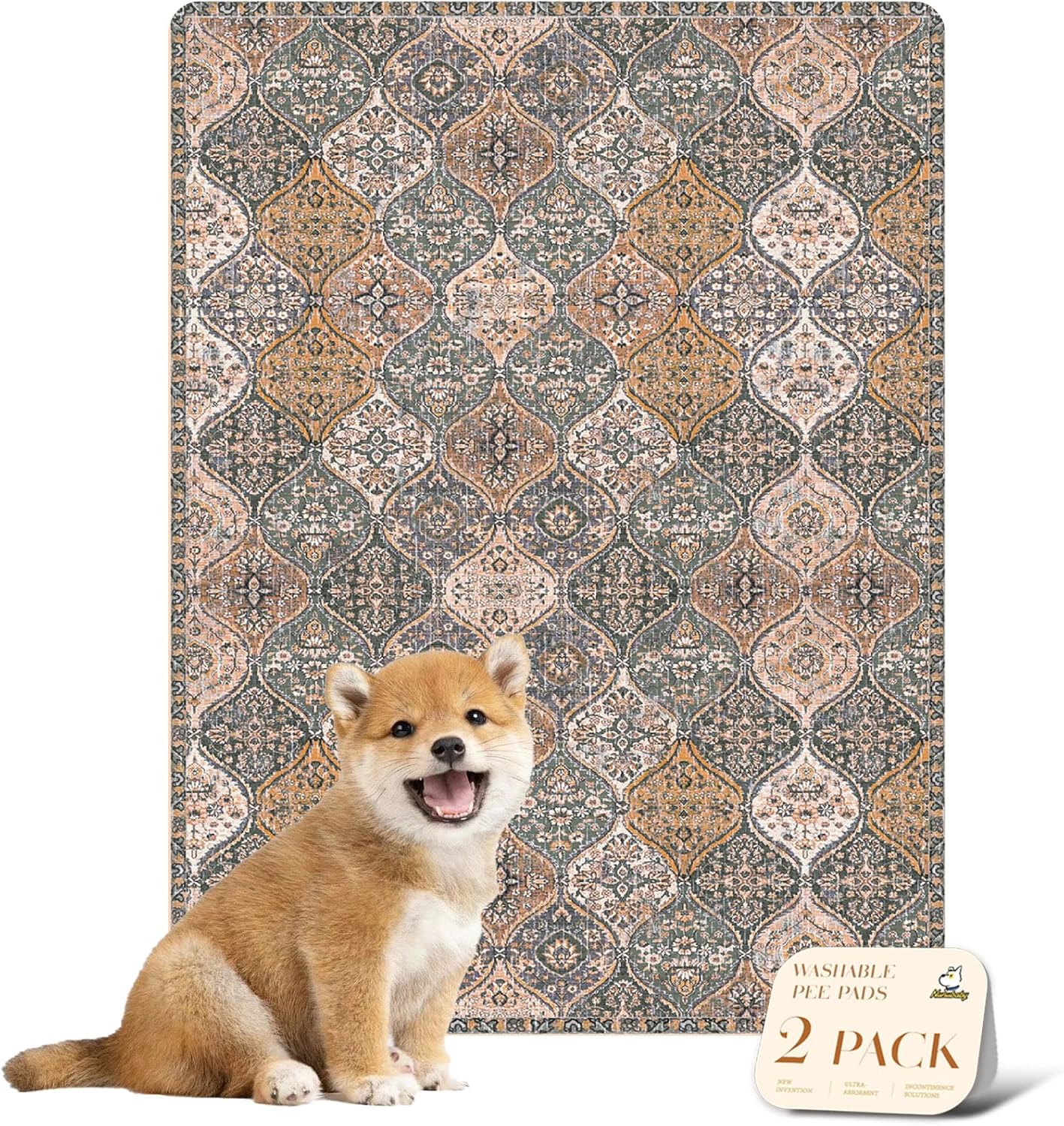 nunubaby Washable Pee Pads for Dogs, Stylish, Non-Slip and Leak-Proof Pee Pads. Reusable Potty Pads for Dogs for Crates and Floors.(Brown/Multi, 18" x24")