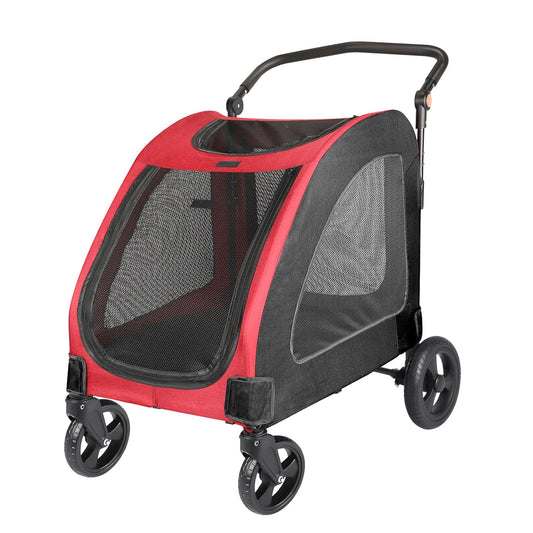 Large Dog Travel Stroller with 4 Heavy Duty Wheels Pet Stroller with Adjustable Handle - Double Doggie Capacity Jogger Wagon with Back Front Door for Small Medium Large Dogs (Red-Black)