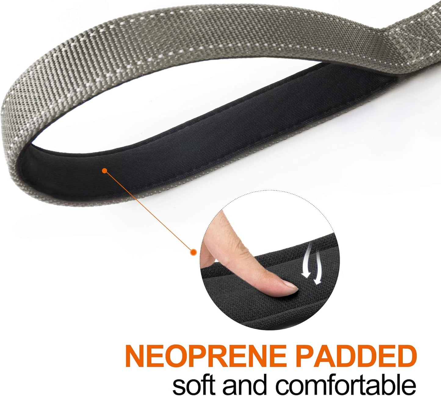 TwoEar 6FT 1IN Strong Gray Dog Leash with 2 Padded Handles, Traffic Handle Extra Control, Comfortable Soft Dual Handle, Auto Lock Hook, Reflective Walking Lead for Small Medium and Large Dogs