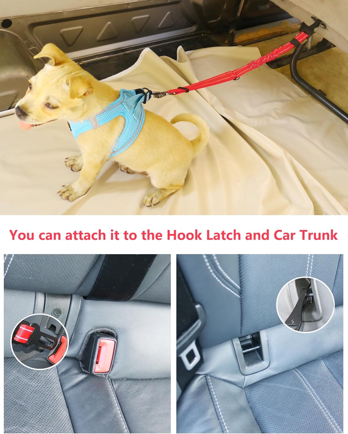 AUBELL Dog Seat Belt for Car,2 Pack Set 3-in-1 Adjustable Reflective Bungee Heavy Duty Dog Car Harness Tether with Clip Hook Latch & Buckle,Swivel Zinc Alloy Carabiner,Black+Red