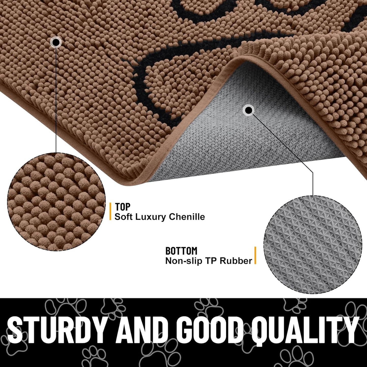Smiry Dog Door Mat for Muddy Paws, Absorbent Dirt Trapper Non Slip Quick Dry Washable Chenille Mat for Mud Dogs, Entry Rug for Indoor and Outdoor (48x30 Inches, Coffee)