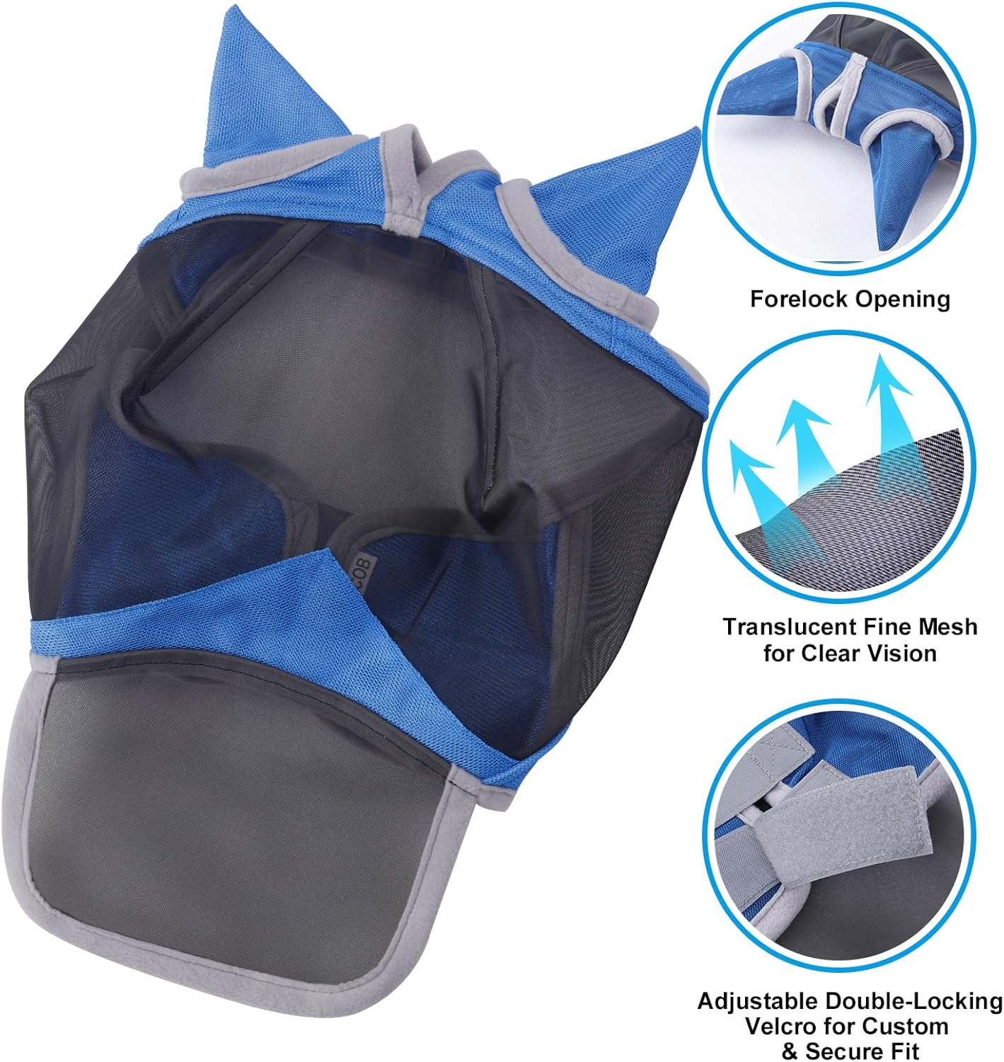 Horse Fly Mask with Ears & Long Nose Cover | Forelock Opening for Tangle-Free Mane Care | UV Protection & Breathable Mesh | No Rub Fit and Enhanced Visbility for Trail Riding RoyalBlue Full