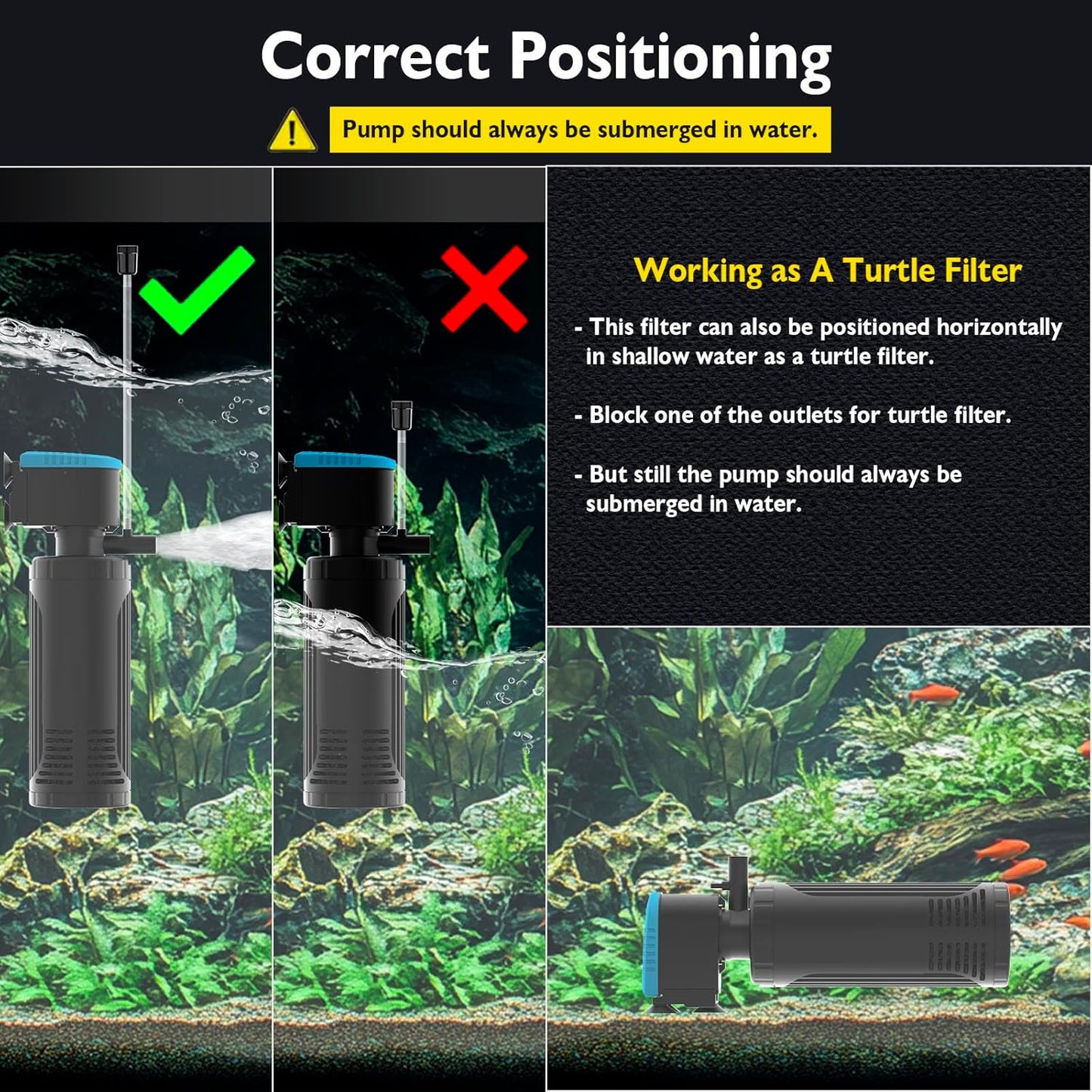 AquaMiracle Submersible Aquarium Filter 3-Stage in-Tank Filter with Dual Water Outlet & Aeration, Water Flow Adjustable 300GPH Internal Fish Tank Filter for 60-150 Gallon Aquariums