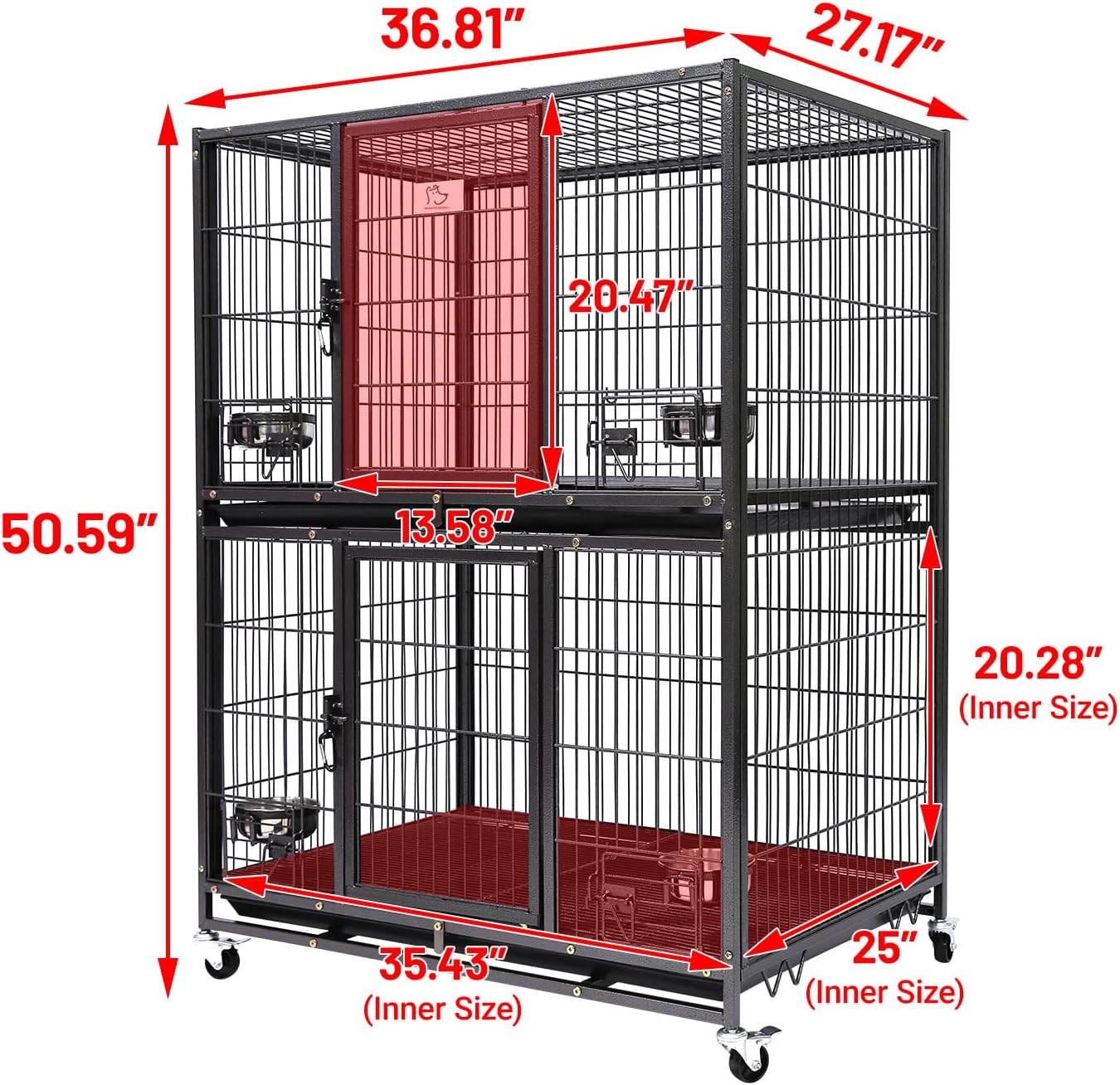 Homey Pet Two Tiers 37 Inch Dog Crate Cage Kennel with Feeding Door and Bowls, Lockable Wheels and Removable Tray, Escape Proof Metal Wire Heavy Duty Dog Crates for Medium/Small Sized Dogs (3 Pack)