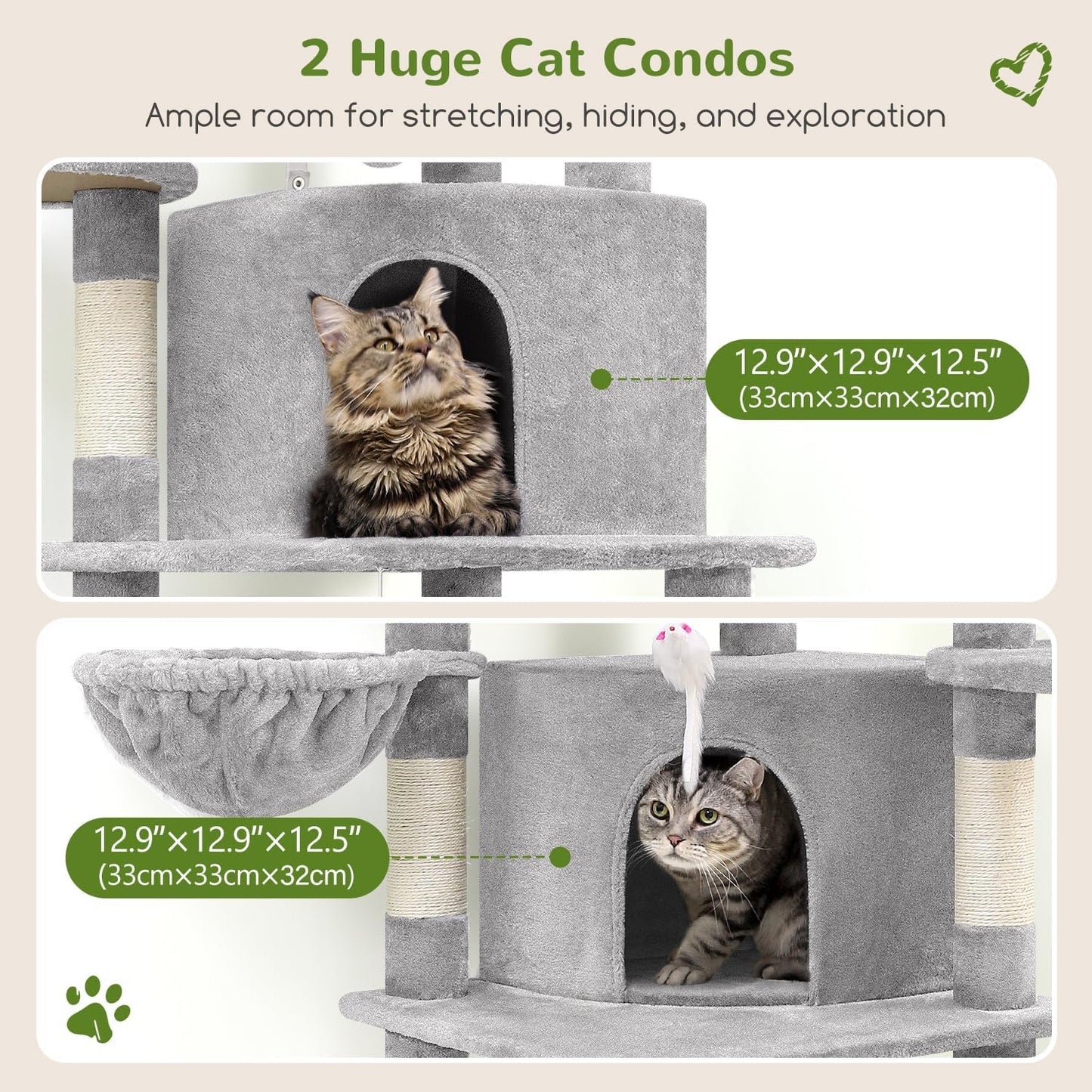 Globlazer Corner Cat Tree for Large Cats, 66inch Tall Curved Series Large Cat Tower for Multiple Indoor Cats with 6 Scratching Posts, 2 Spacious Cat Condos, Hammock, Hanging Basket, C66, Light Grey