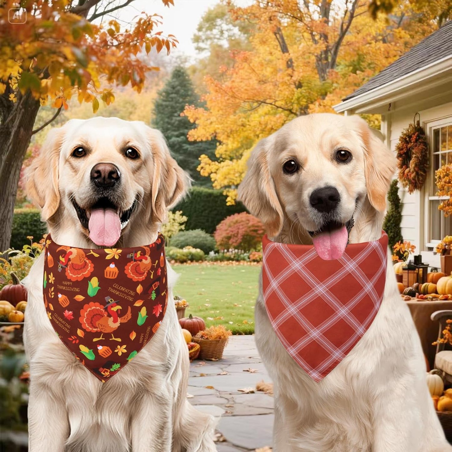 Thanksgiving Dog Bandanas XLarge 3PCS, 6 Pattern Fall Scarf for Boy and Girl, Pumpkin Leaves Rugby Triangle Reversible Bibs Breed for Puppy Pets