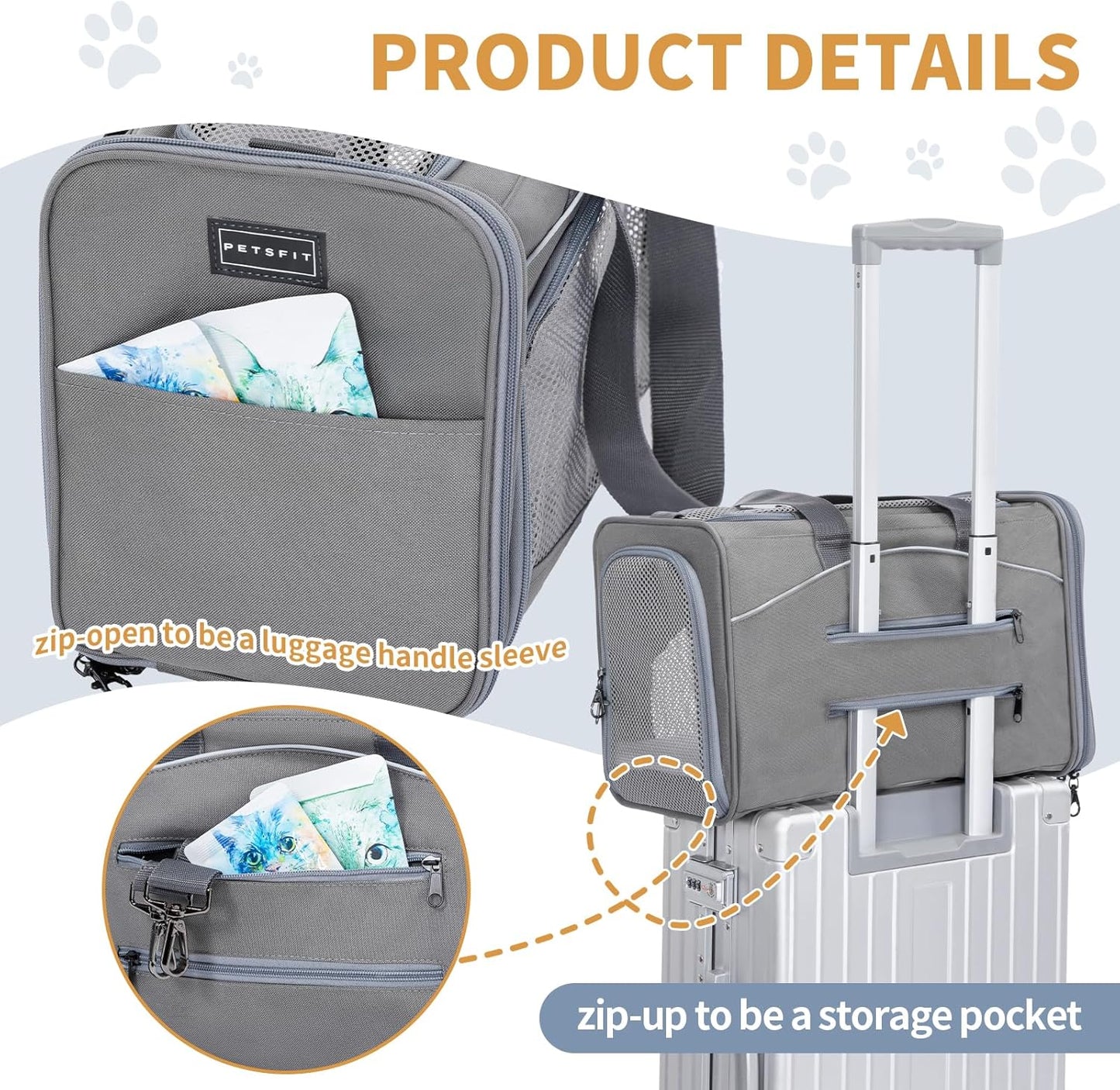‌Petsfit Airline Approved Pet Carrier for Small Dogs & Cats, 19x9x12 TSA Approved Carrier, with Removable Dual-Sided Padding (2-Way Placement) - Fits Under Most Airplane Seats, Escape Proof (Gray)
