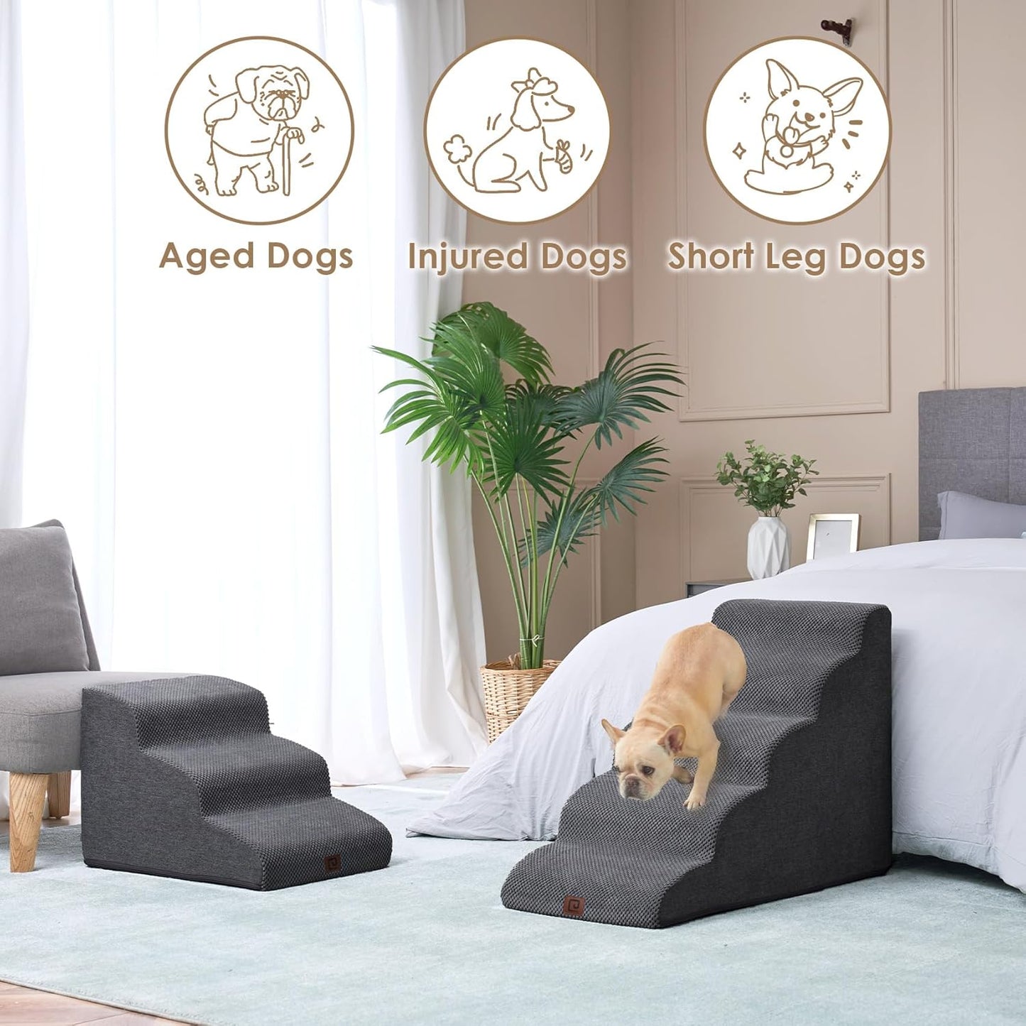 EHEYCIGA Curved Dog Stairs Ramp for High Beds 22.6" H, 5-Step Dog Steps for Small Dogs and Cats, Pet Stairs for High Bed Climbing, Non-Slip Balanced Pet Step Indoor, Grey