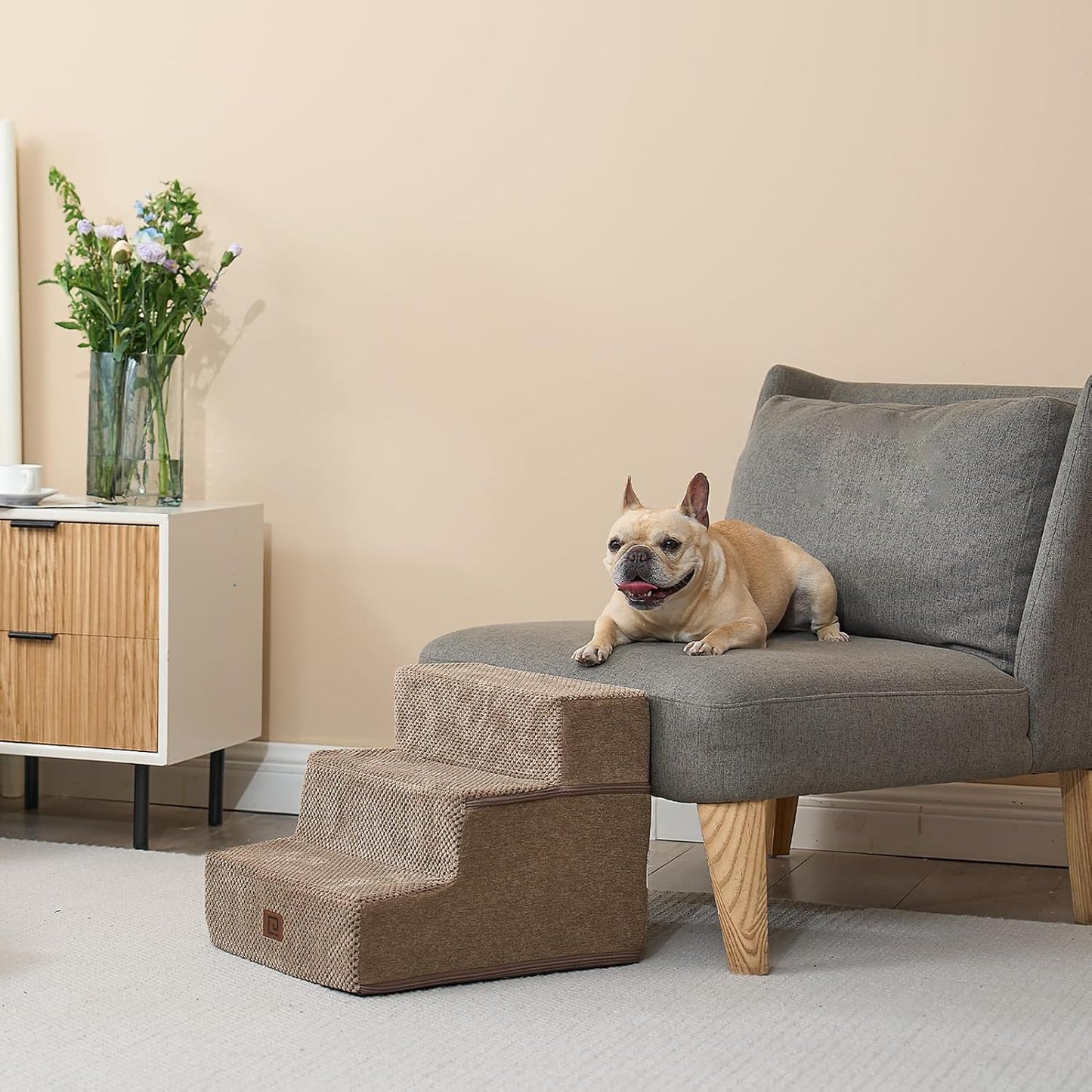 EHEYCIGA Dog Stairs for Small Dogs 13.5" H, 3-Step Dog Steps for Couch Sofa and Chair, Pet Steps for Medium Cats, Non-Slip Balanced Pet Ramp Indoor, Camel