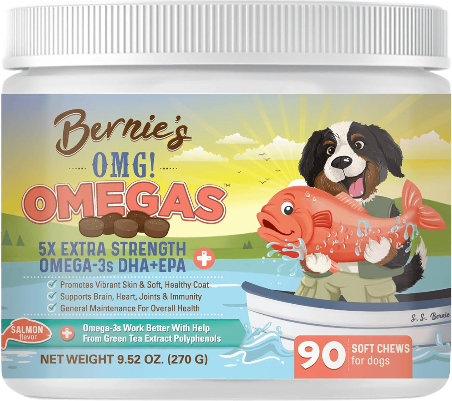 Bernie’s OMG! Omegas Chews for Dogs - 5X Extra Strength DHA+EPA, Fish Oil, Healthy Skin & Coat, Allergy Relief, Joint Supplement (Salmon Flavor)