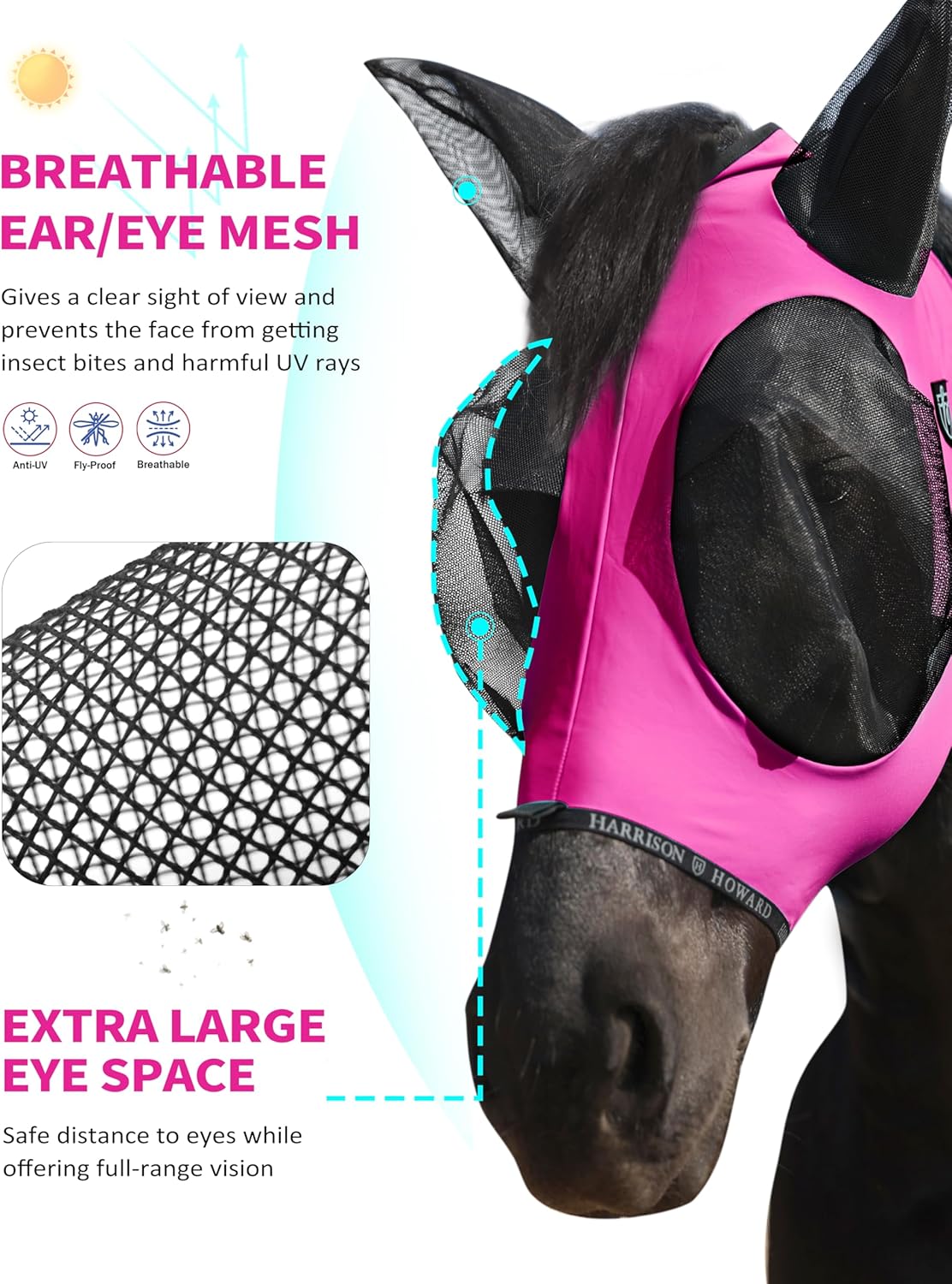 Harrison Howard Horse Fly Mask with Forelock Opening Stretch Breathable and Comfortable for Horses UV -Protection Fuchsia M