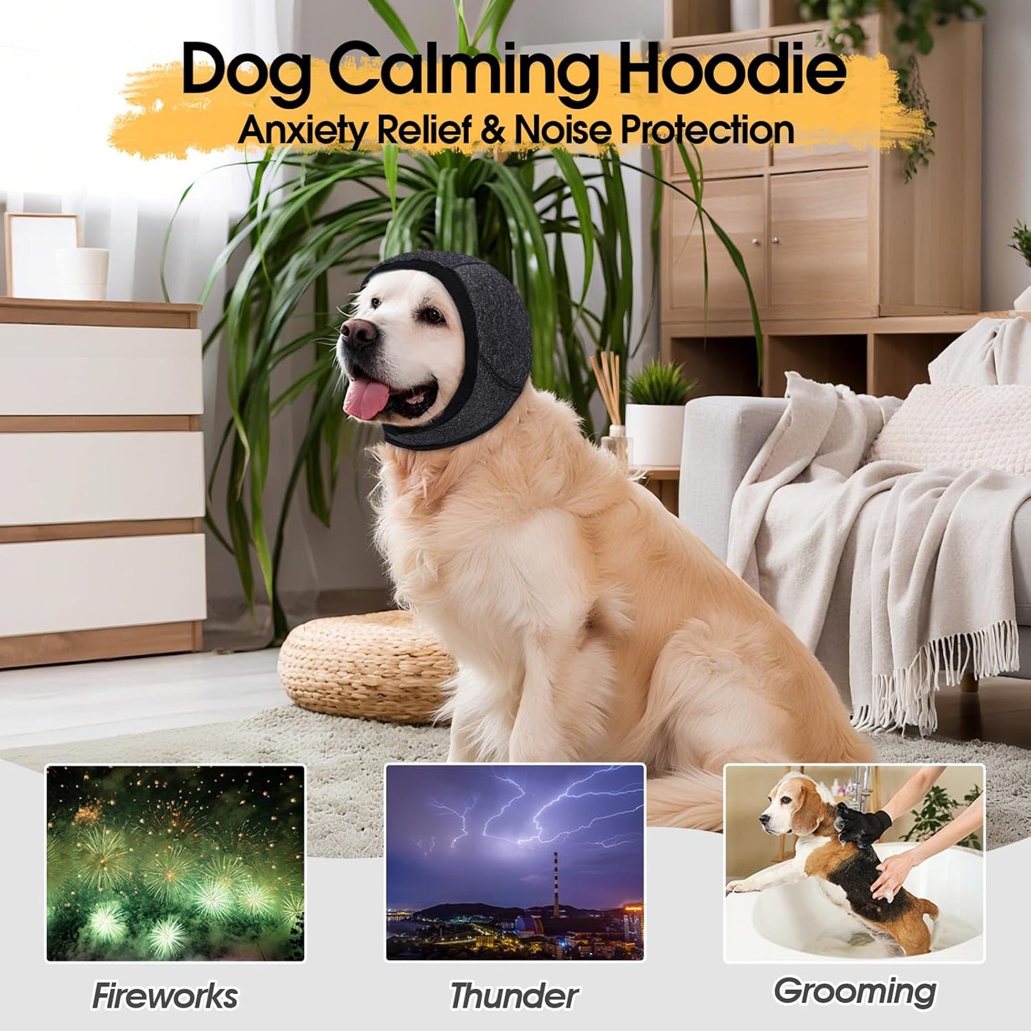 Dog Calming Hoodie, Dog Ear Muffs Noise Protection & Anxiety Relief, No Shake Ear Wraps for Dogs Quiet Ears Cover Headband for Fireworks Grooming Swimming Bathing Force Drying