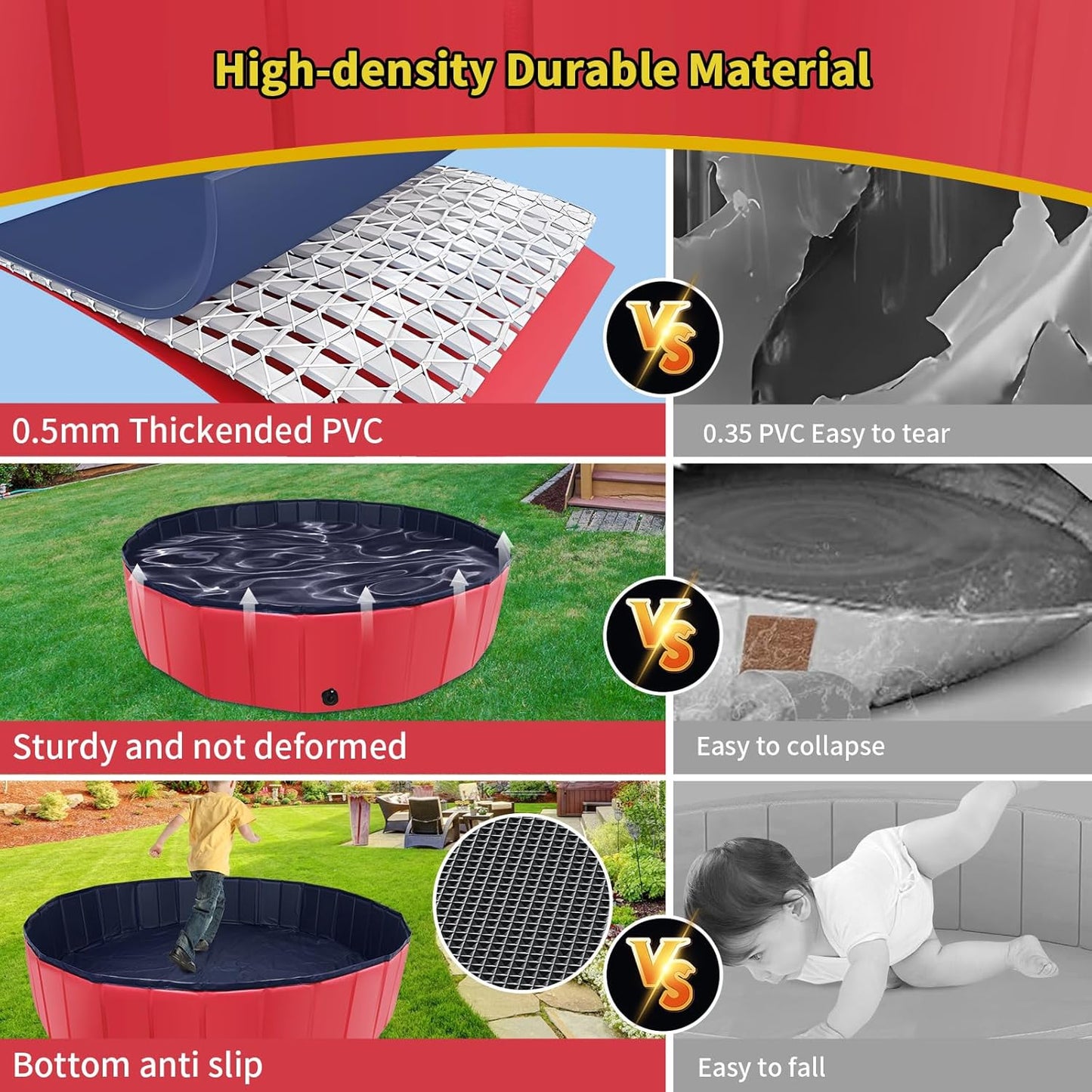 Foldable Dog Pool, 47" x 12" Kiddie Pool with Hard Plastic, Non-Slip Dog Bath Tub for Outdoor Backyard, Collapsible Dog Swimming Pool for Kids Dogs Pets (Red)