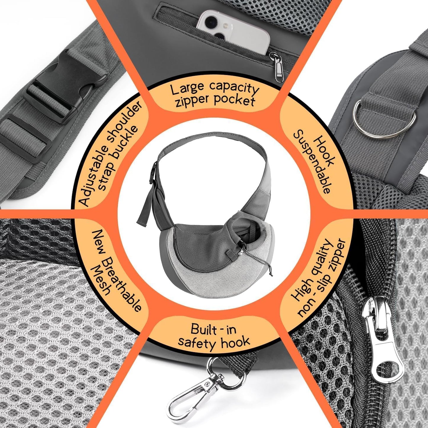 YUDODO Pet Sling Carrier for Small Dogs & Cats – Hands-Free Puppy Carrier with Safety Hook, Large Zipper Pocket, Soft Breathable Mesh, Adjustable Strap & Reflective Strip (Gray 1.0 M)