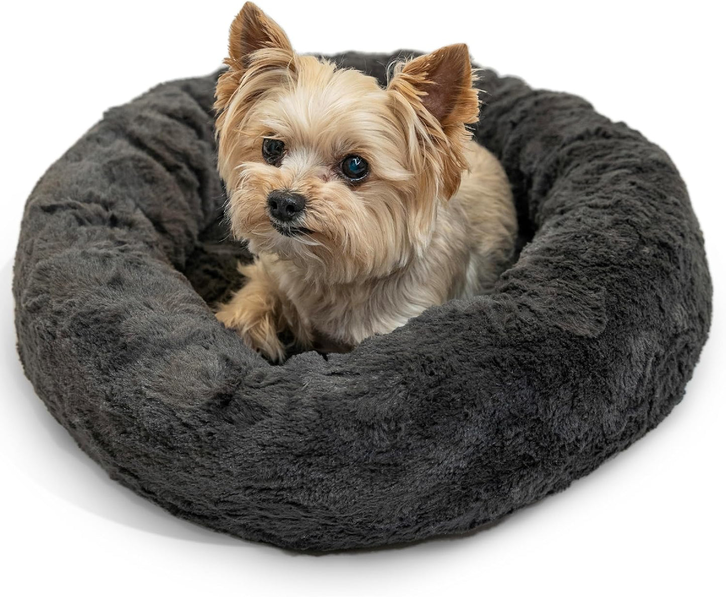 Best Friends by Sheri Original Calming Donut Dog and Cat Bed, Lux Faux Fur, Mink Dark Gray, XS (18in x 18in) - Anxiety Relief for Pets Up to 10 lbs