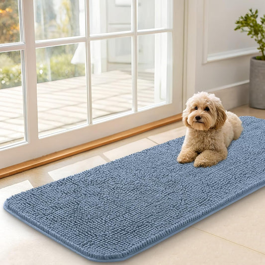 OLANLY Dog Door Mat for Muddy Paws 47x17, Absorbs Moisture and Dirt, Absorbent Non-Slip Washable Doormat, Quick Dry Chenille Mud Mat for Dogs, Entry Indoor Entryway Carpet for Inside Floor, Airy Blue